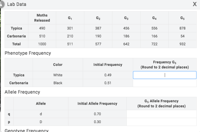 Calculate allele frequencies in 5th generation. record in lab data